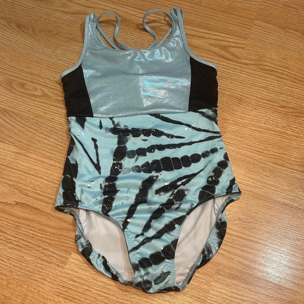 Justice Girls Gymnastics Leotard Blue Tie Dye Metallic Shimmer Large